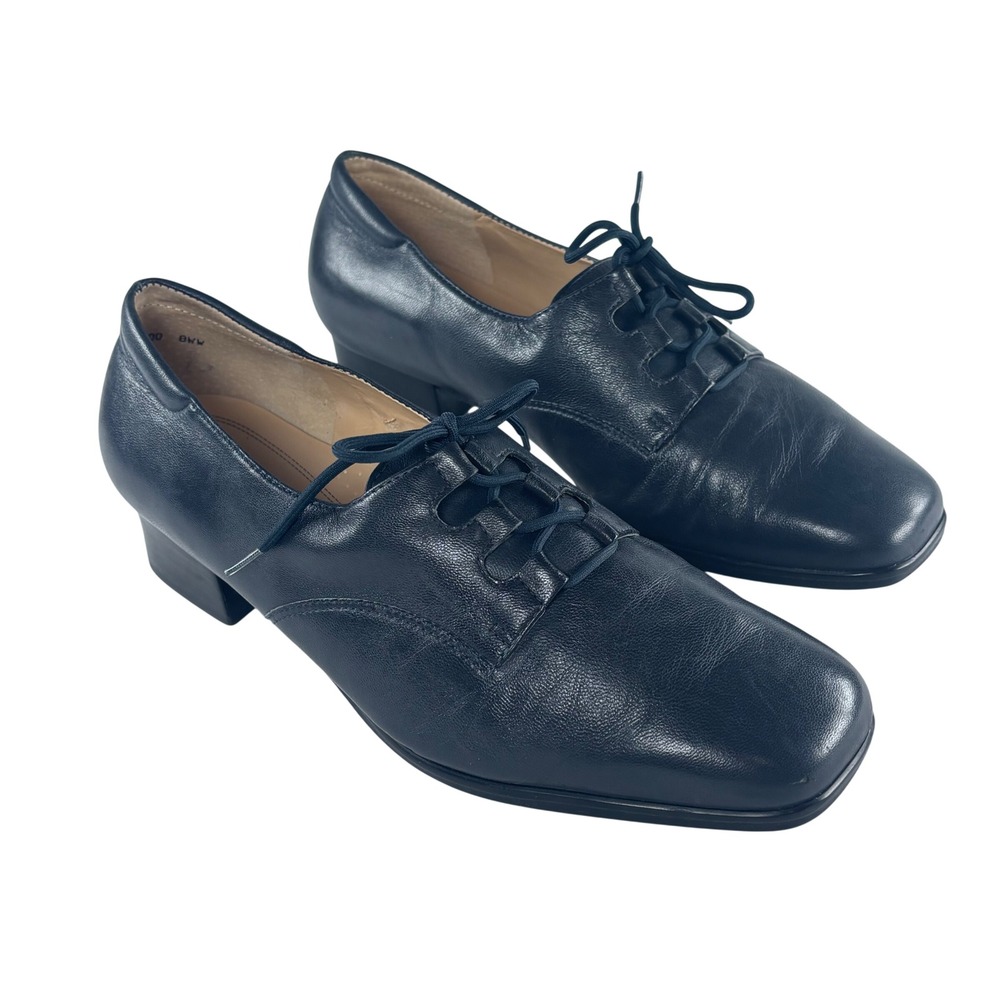 Trotters Navy‎ Blue Leather Lace Up Block Heel Oxfords Womens Sz 8 W